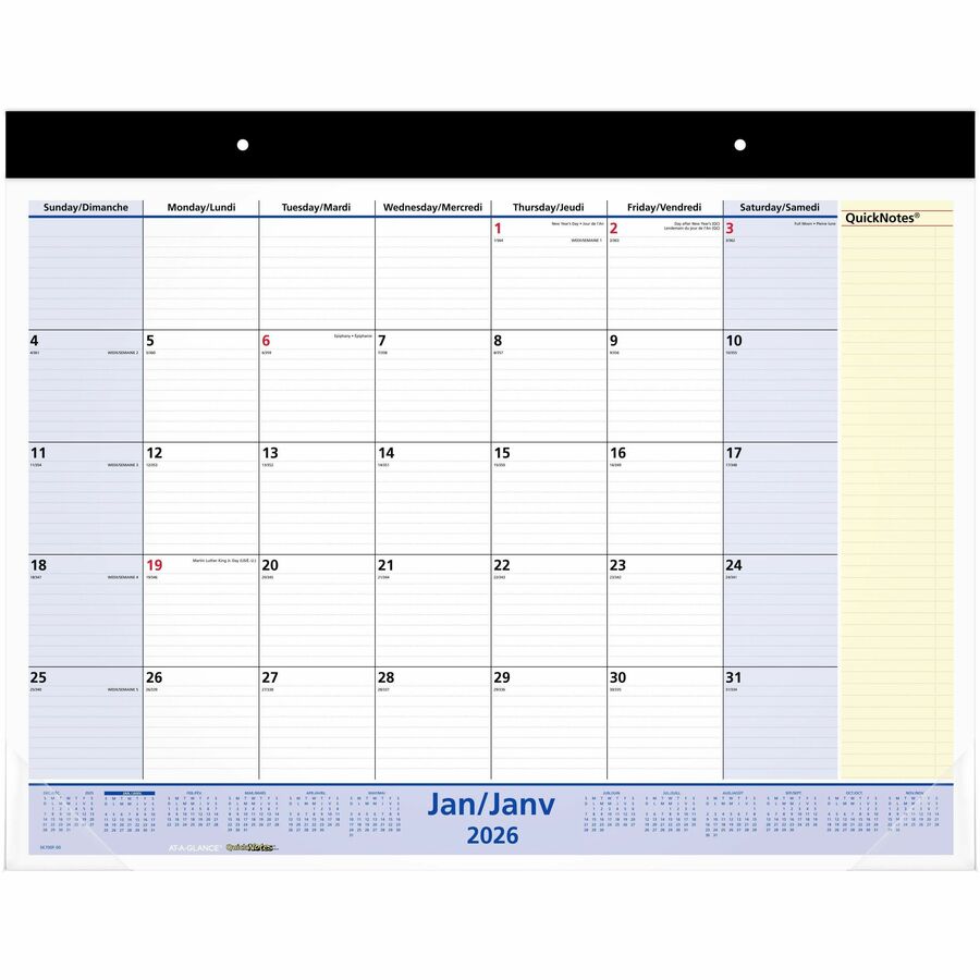 At-A-Glance QuickNotes Monthly Desk Pad Calendar, 21-3/4" x 17" , Bilingual - Monthly - 13 Month - January 2026 to January 2027