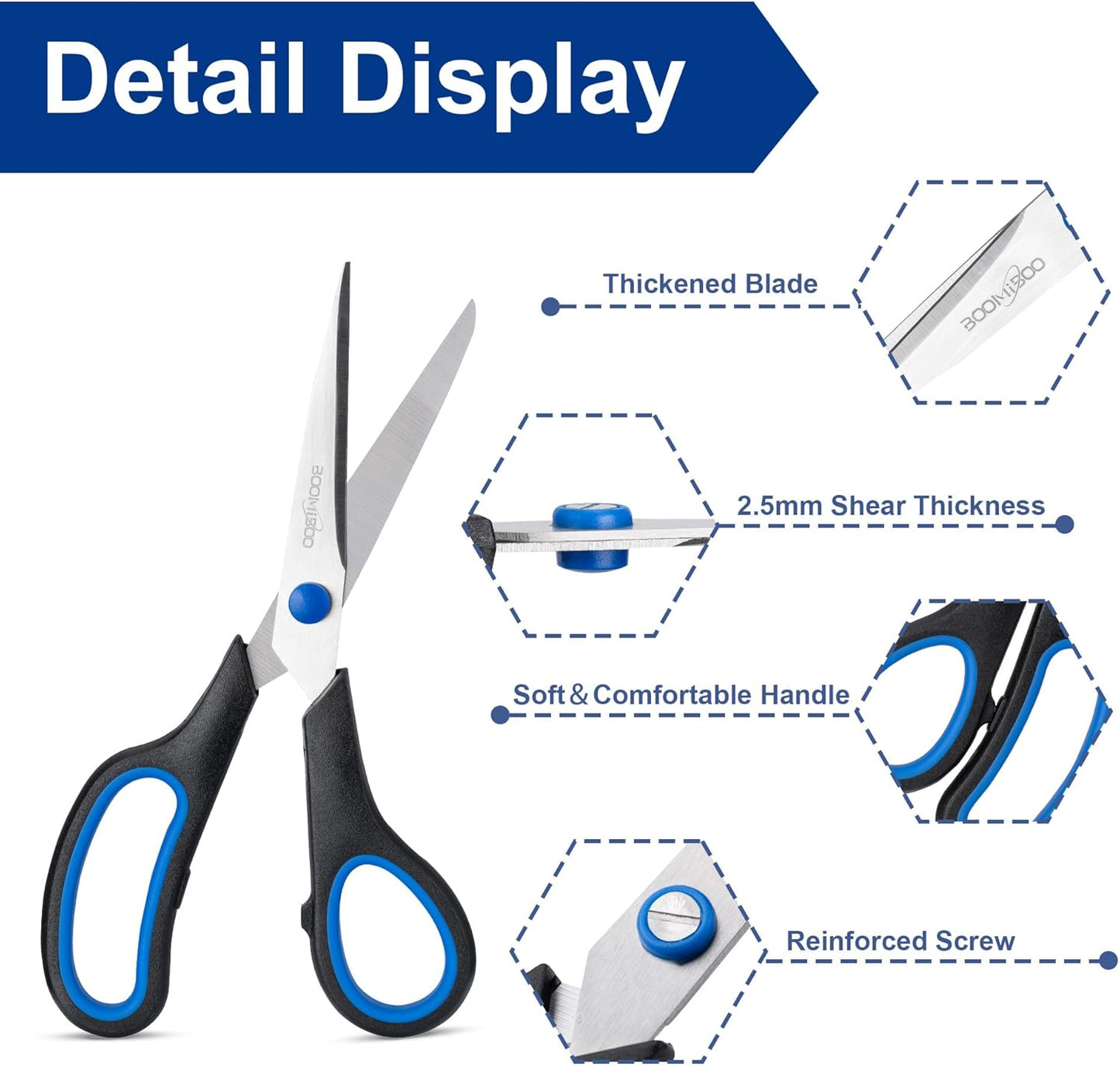 Scissors, BOOMIBOO 8" All Purpose 6 Pack - Comfort-Grip Scissors for Office Desk