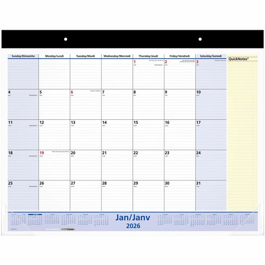 At-A-Glance QuickNotes Monthly Desk Pad Calendar, 21-3/4" x 17" , Bilingual - Monthly - 13 Month - January 2026 to January 2027