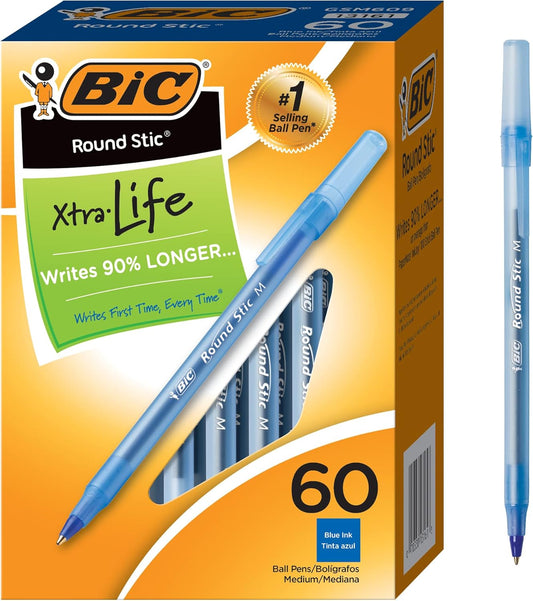 BIC Round Stic Extra Life Ballpoint Pens, Medium Point (1.0mm), Blue, 60-Count Pack