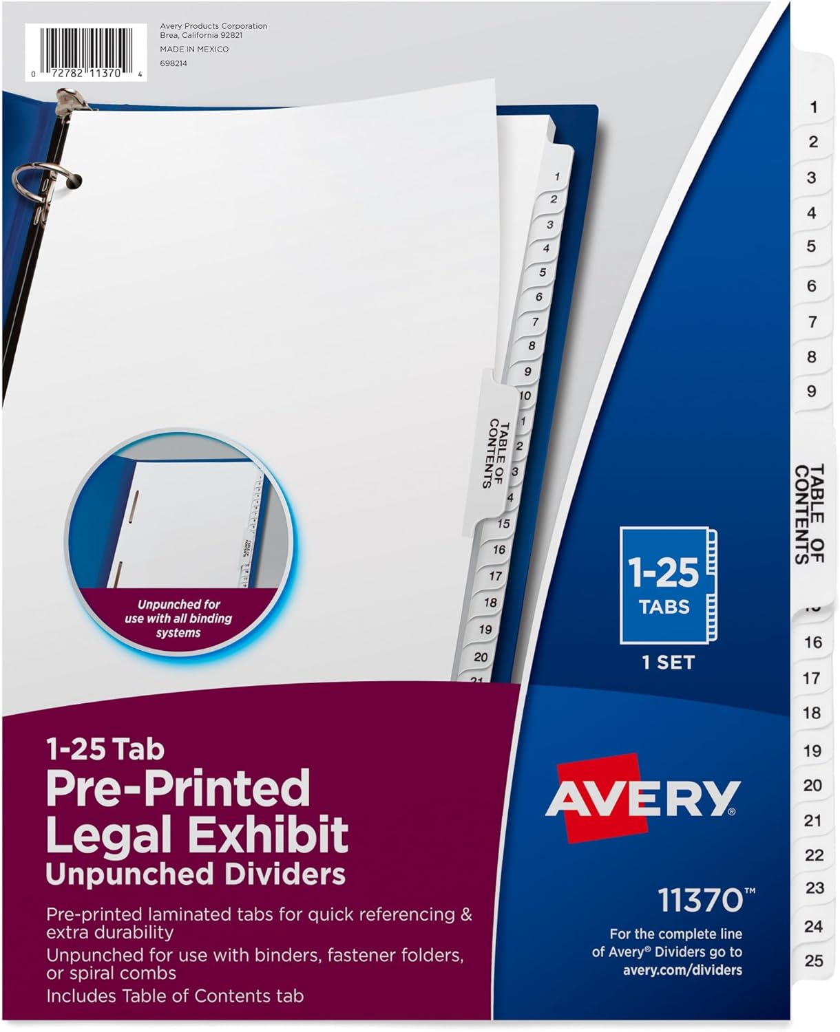 Avery® 11370 Premium Collated 1-25 Tab Table of Contents Legal Exhibit Dividers