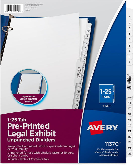 Avery® 11370 Premium Collated 1-25 Tab Table of Contents Legal Exhibit Dividers