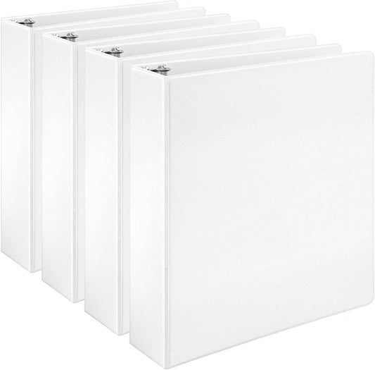 3 Ring Binder with 2 Inch D-Ring and Clear Overlay, White, 4-Pack
